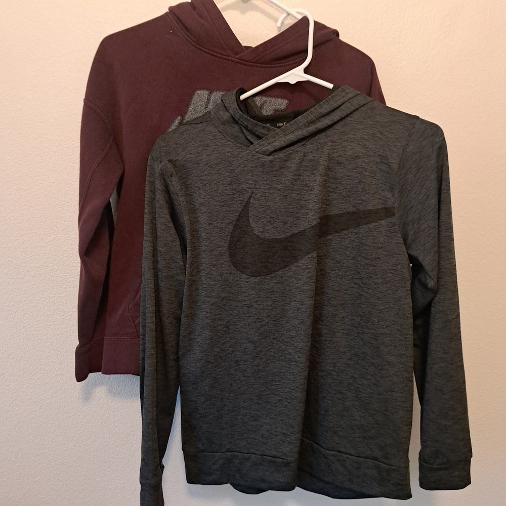 Nike Kids Hoodie Bundle Burgundy Fleece & Grey Dri-FIT Pullover Size Large L